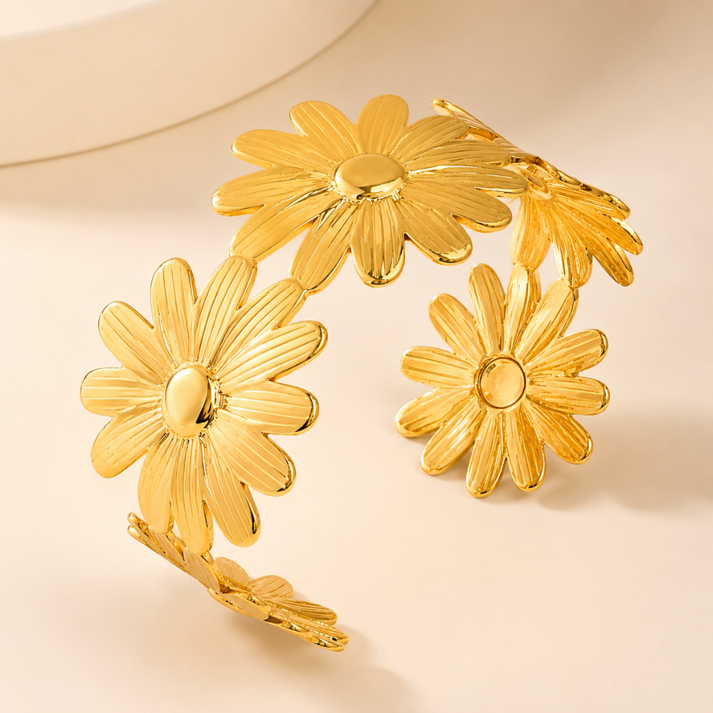 Gold Floral Open Cuff Bracelet for Women