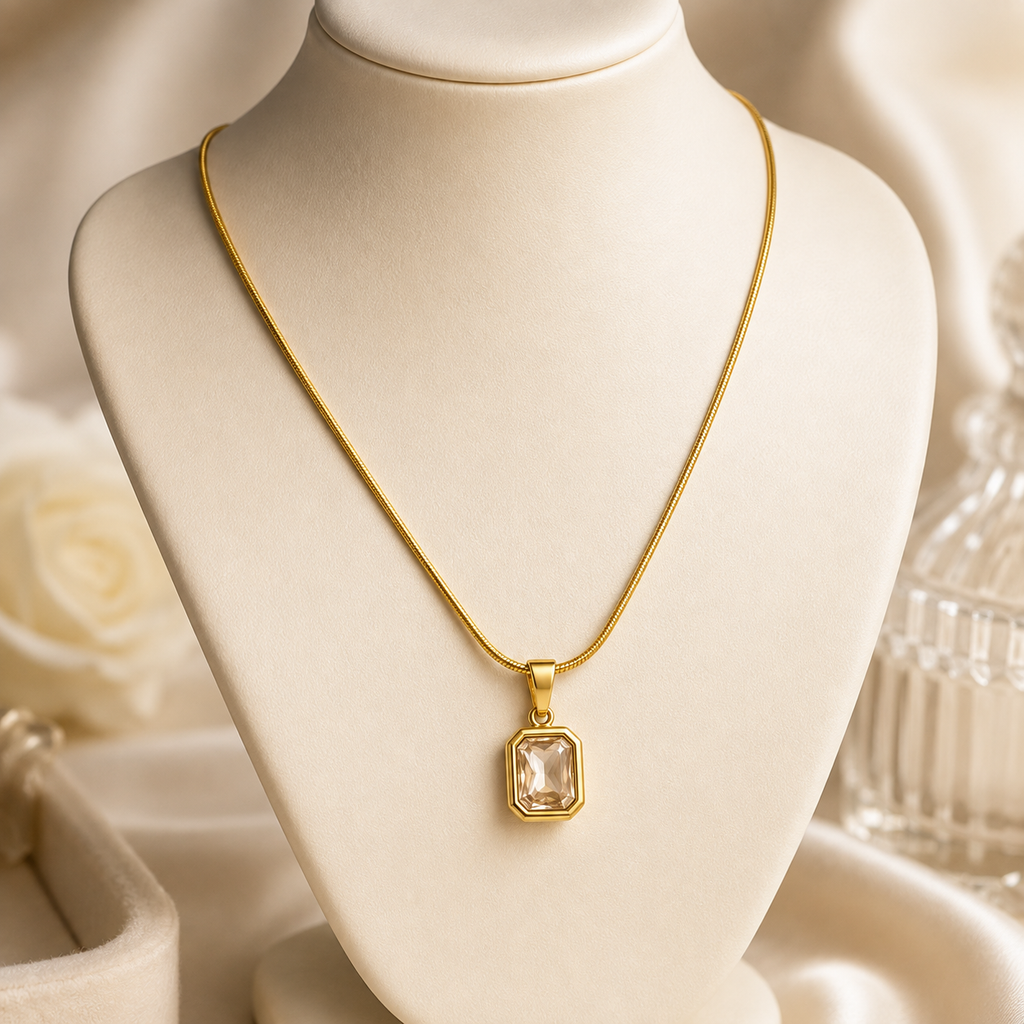 Gold Tone Rectangular Crystal Pendant Necklace