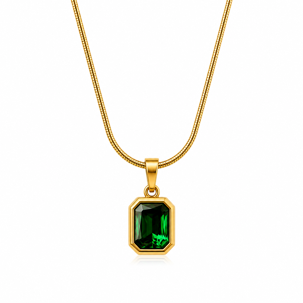 Gold Tone Emerald Green Crystal Pendant Necklace