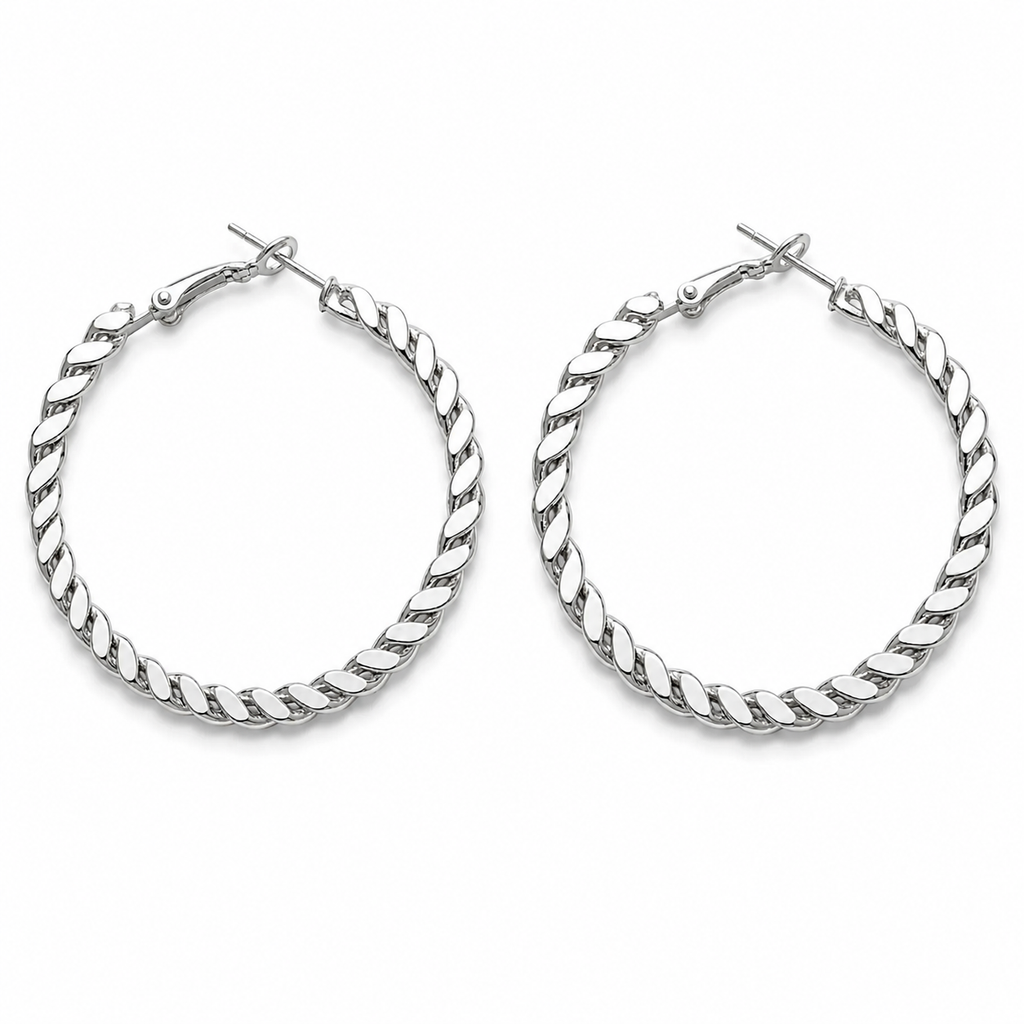 Silver Tone Twisted Rope Hoop Earrings for Women