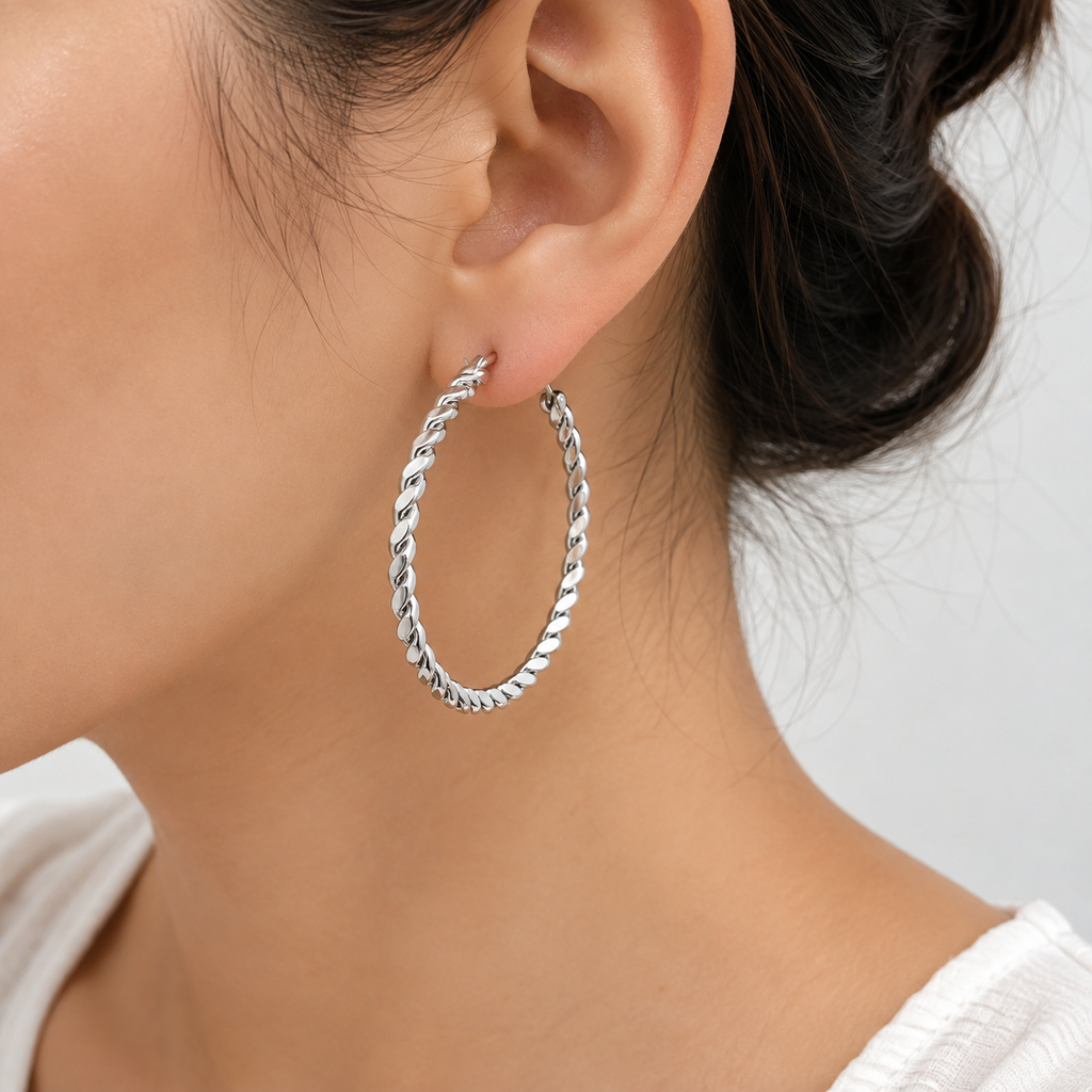 Silver Tone Twisted Rope Hoop Earrings for Women