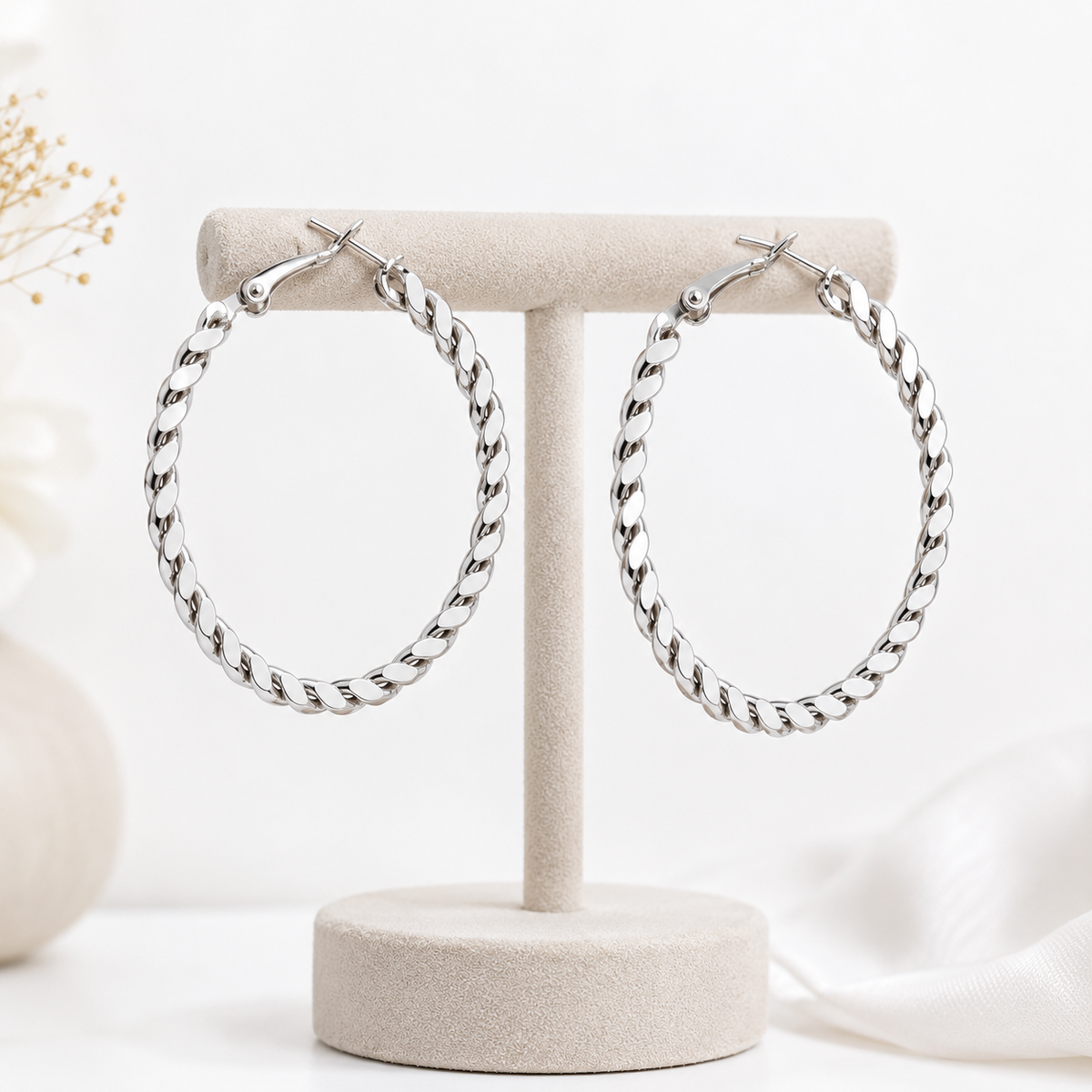 Silver Tone Twisted Rope Hoop Earrings for Women