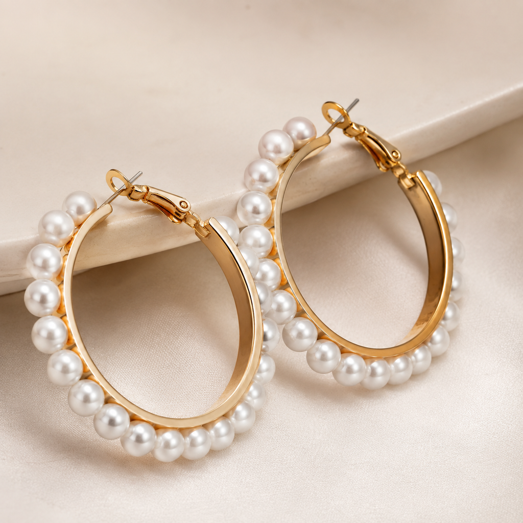 Gold-Tone Pearl Hoop Earrings for Women