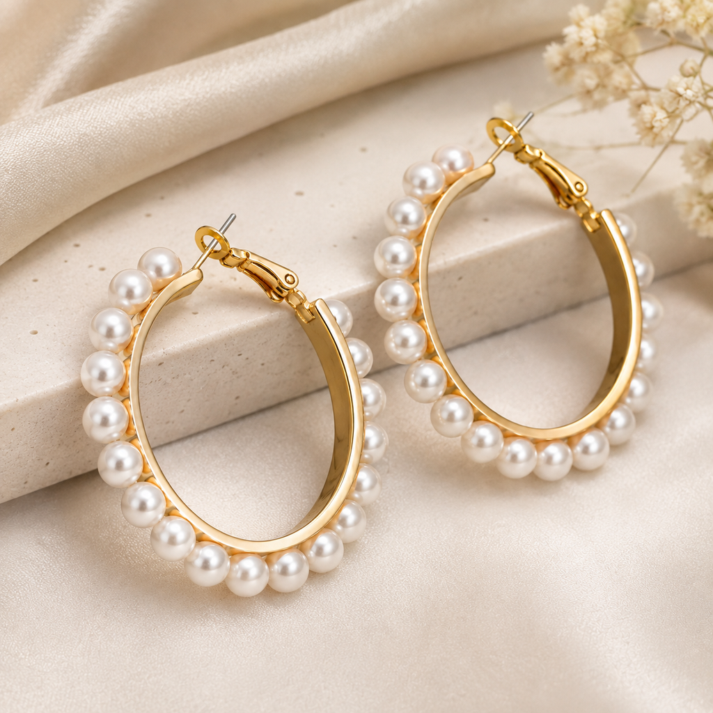 Gold-Tone Pearl Hoop Earrings for Women