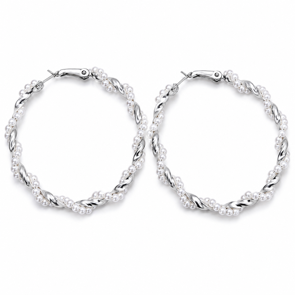 Silver-Tone Twisted Pearl Hoop Earrings for Women