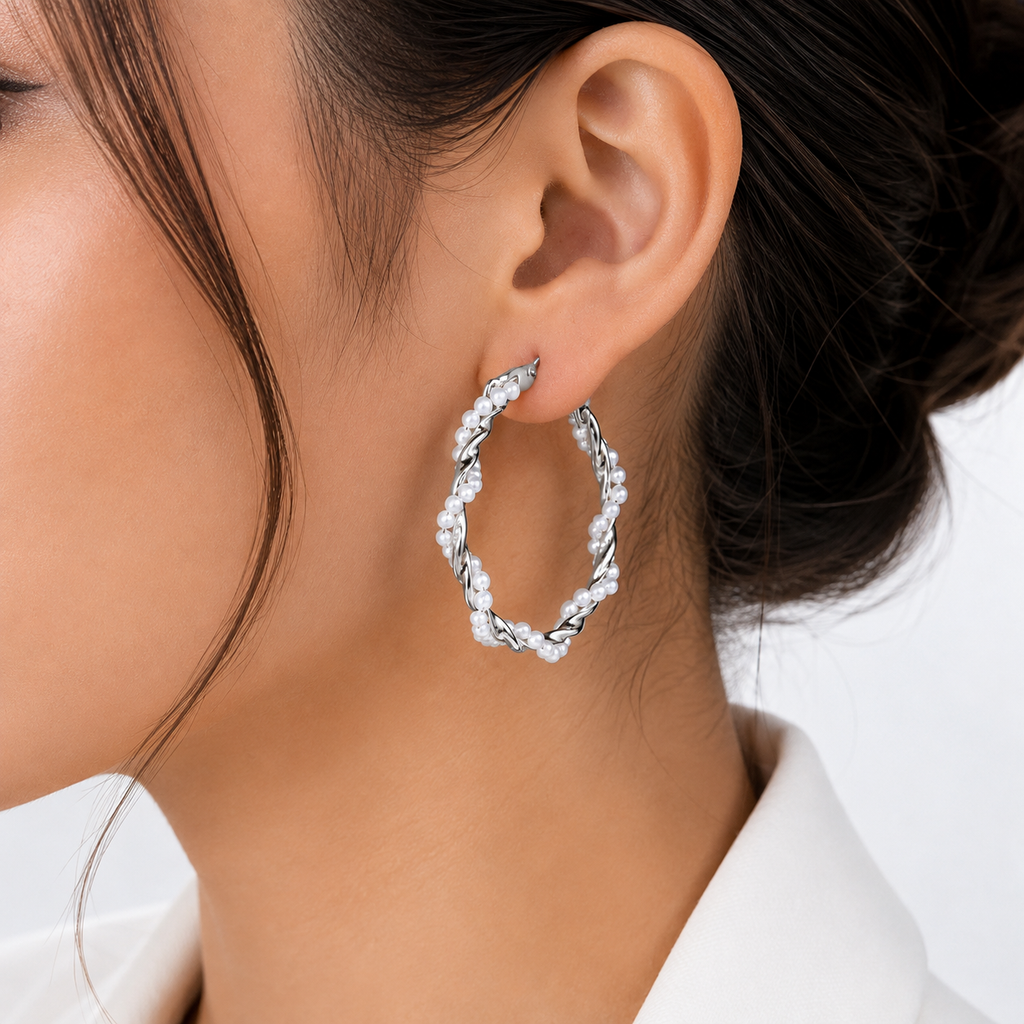 Silver-Tone Twisted Pearl Hoop Earrings for Women