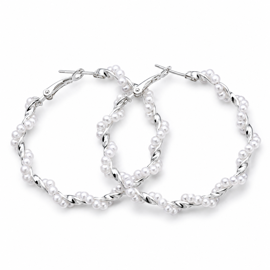 Silver-Tone Twisted Pearl Hoop Earrings for Women