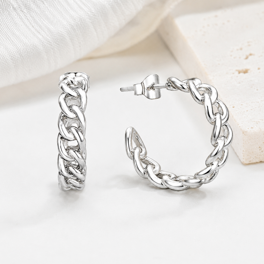 Silver-Tone Chunky Chain Link Hoop Earrings for Women