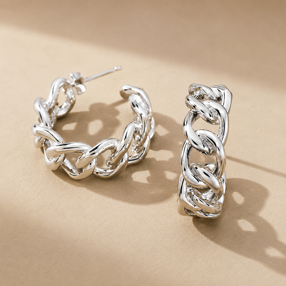Silver-Tone Chunky Chain Link Hoop Earrings for Women