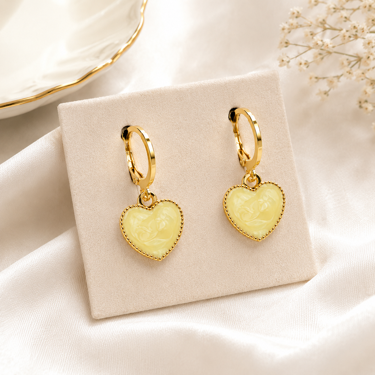 Gold Tone Yellow Heart Charm Hoop Earrings