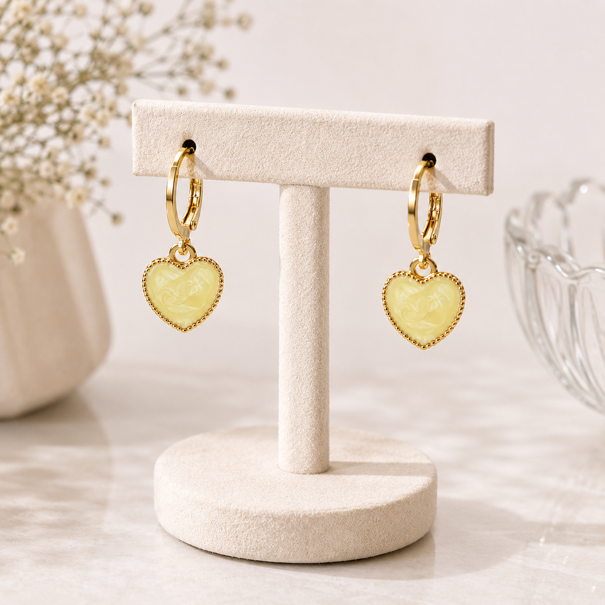 Gold Tone Yellow Heart Charm Hoop Earrings