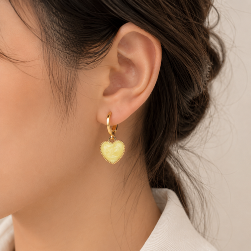Gold Tone Yellow Heart Charm Hoop Earrings