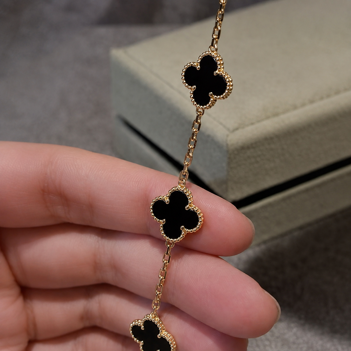 Gold Tone Black Clover Charm Bracelet for Women