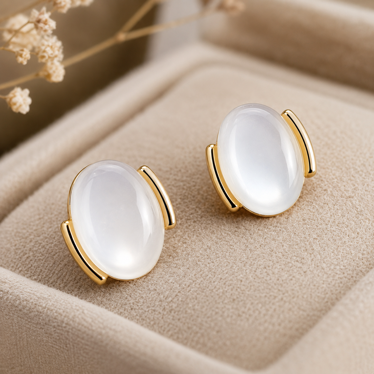 Milky White Oval Gold-Tone Stud Earrings