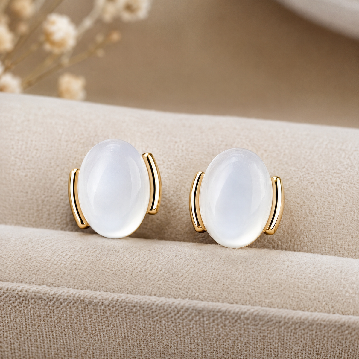 Milky White Oval Gold-Tone Stud Earrings