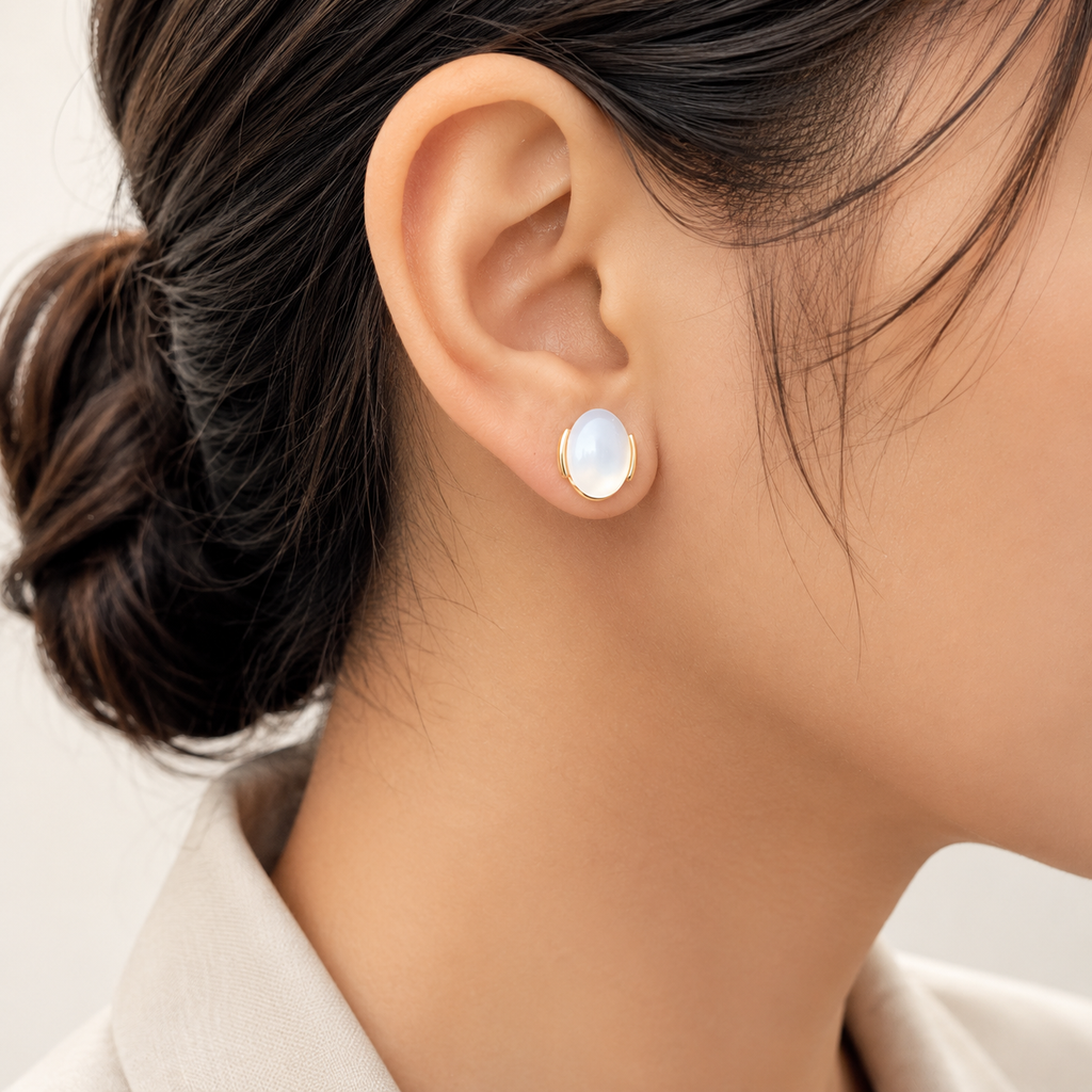 Milky White Oval Gold-Tone Stud Earrings