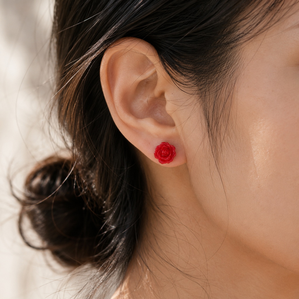 Red Rose Flower Stud Earrings