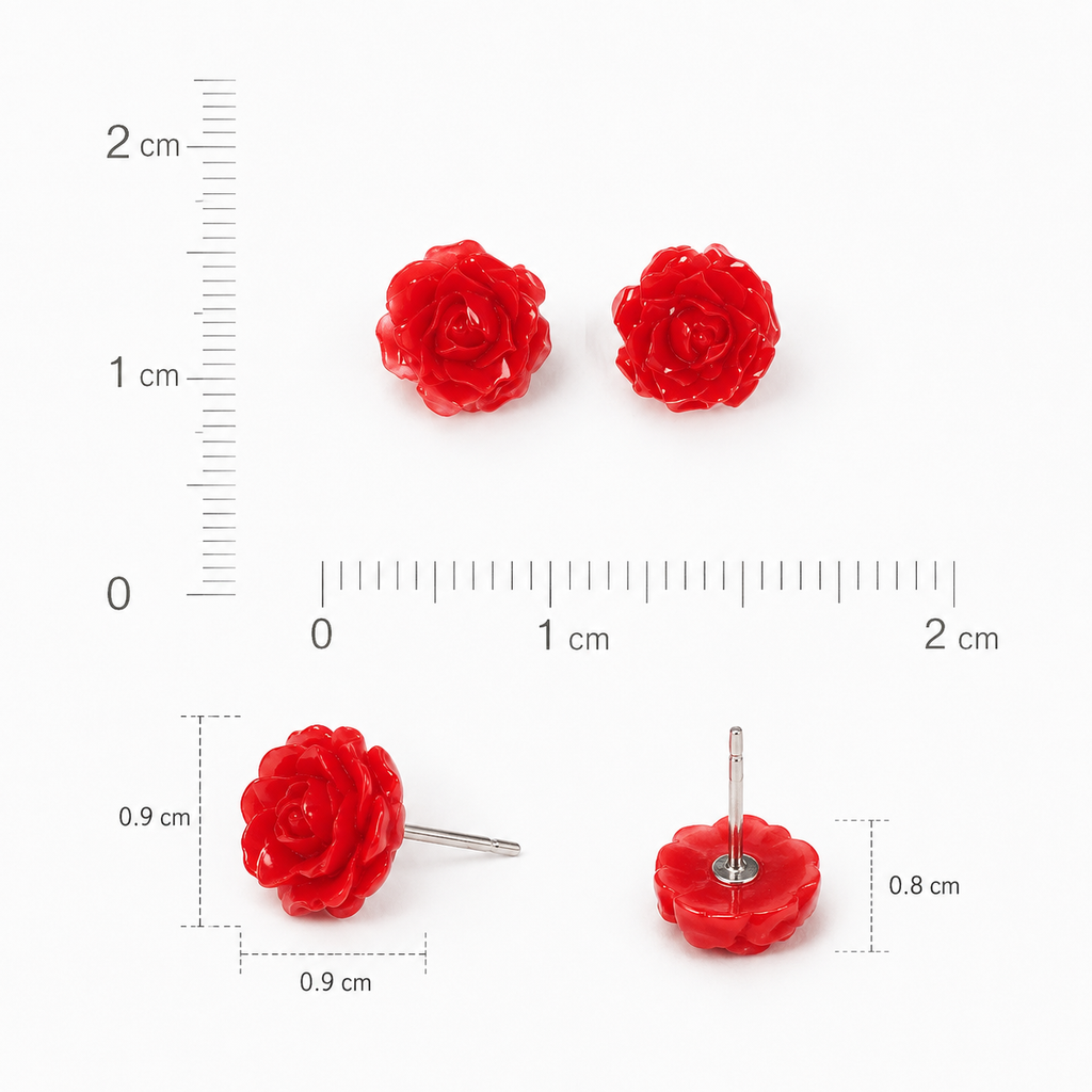 Red Rose Flower Stud Earrings