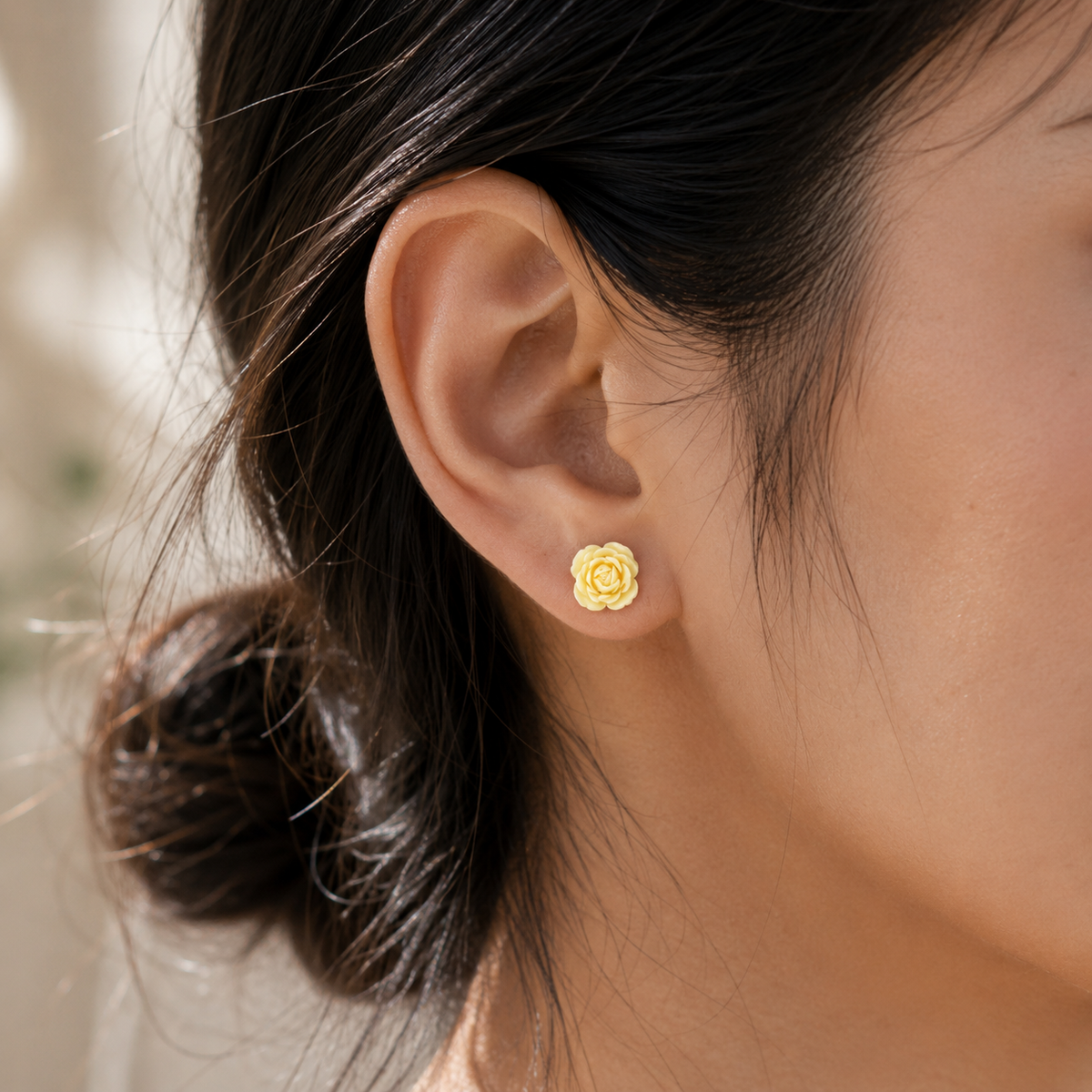 Pastel Yellow Rose Flower Stud Earrings