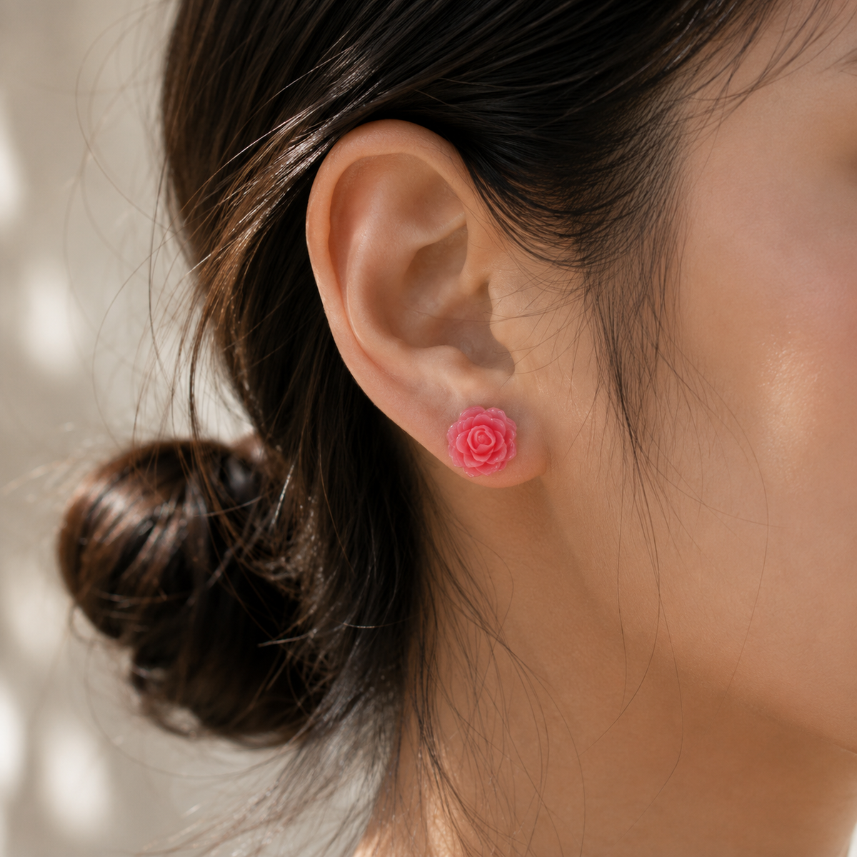 Pink Rose Flower Stud Earrings