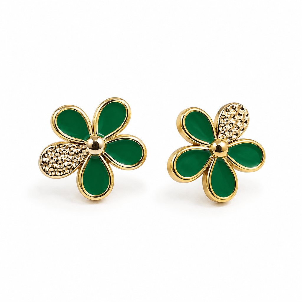 Green Enamel Flower Stud Earrings
