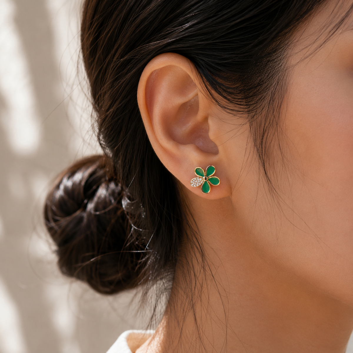 Green Enamel Flower Stud Earrings