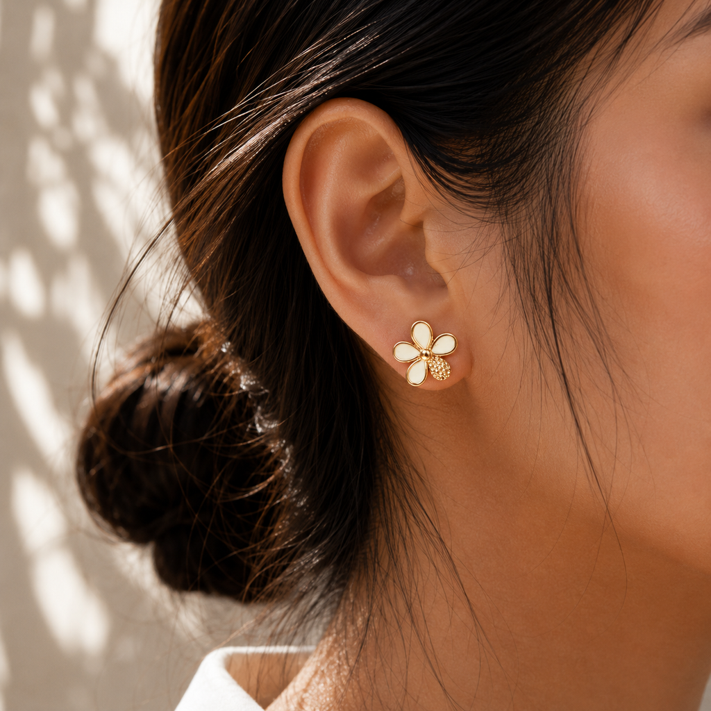 Gold-Plated Floral Drop Stud Earrings