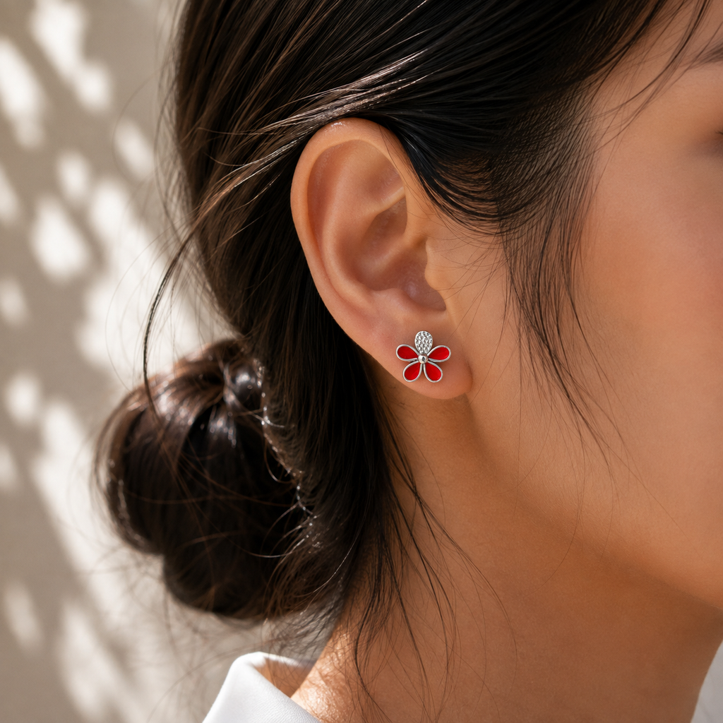 Gold-Plated Red Floral Stud Earrings
