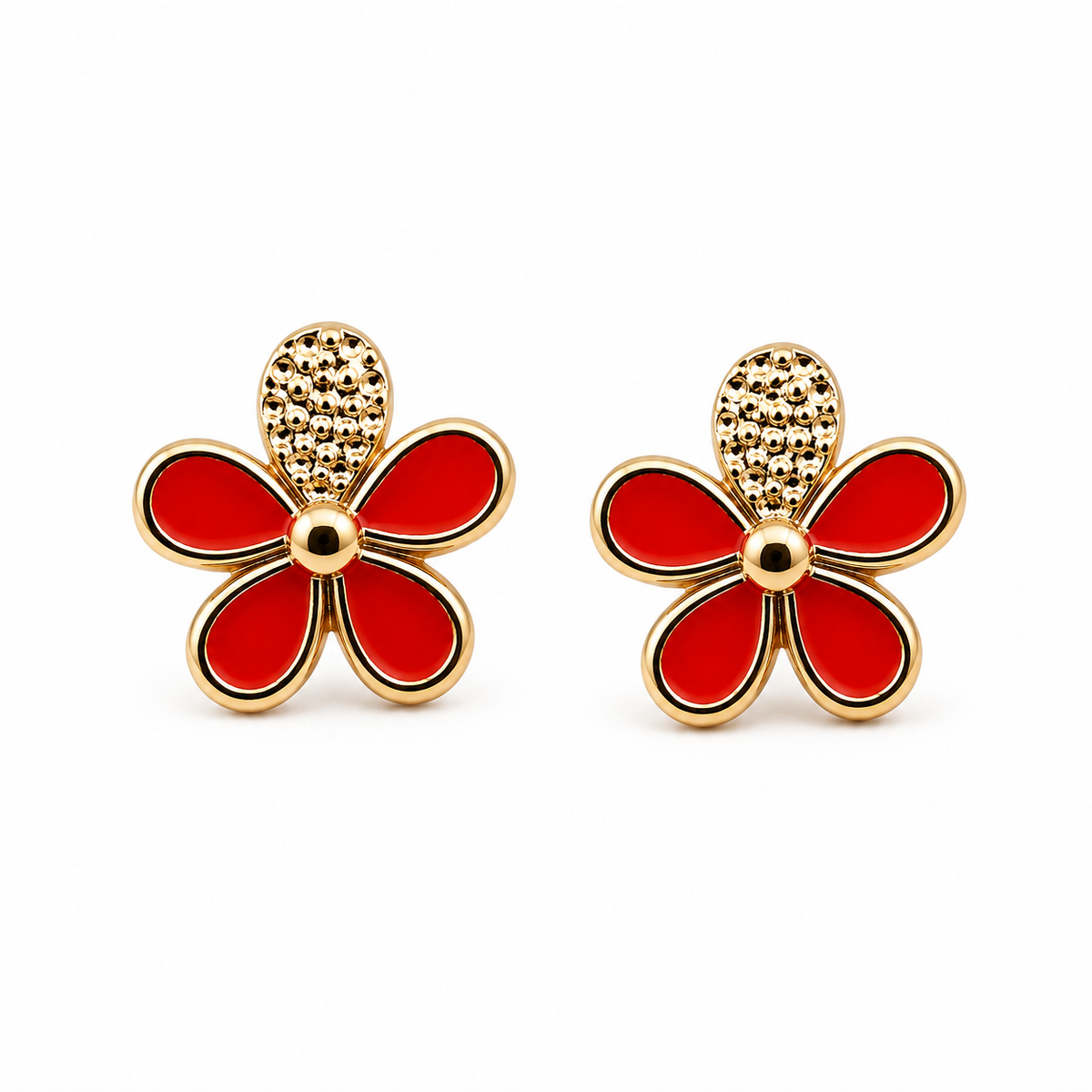 Gold-Plated Red Floral Stud Earrings