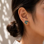 Gold-Plated Teal Blue Floral Stud Earrings