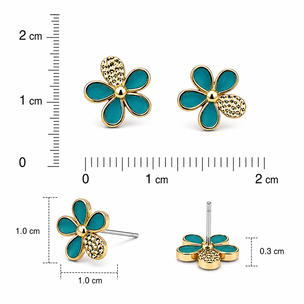 Gold-Plated Teal Blue Floral Stud Earrings
