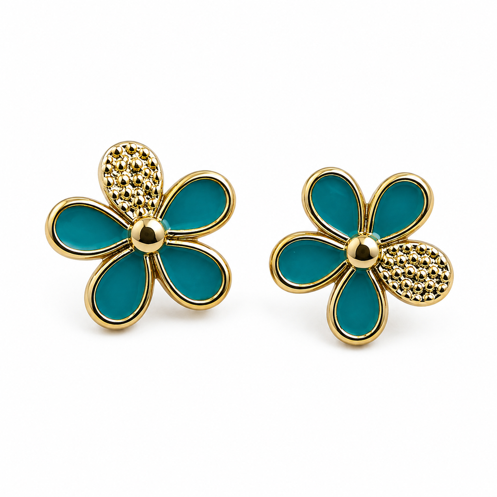 Gold-Plated Teal Blue Floral Stud Earrings