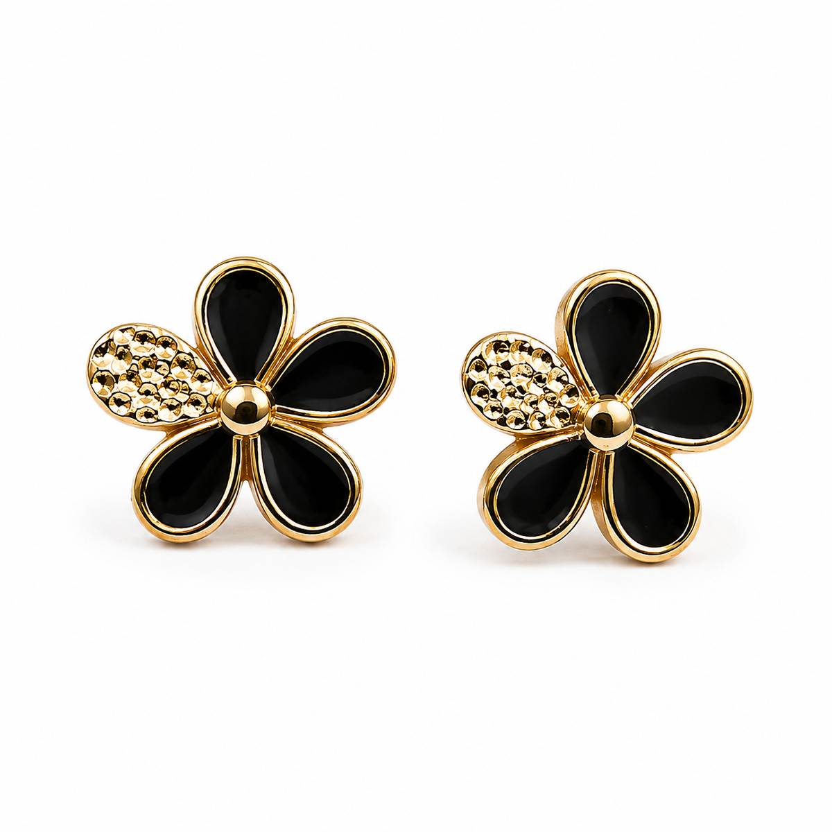 Gold & Black Floral Stud Earrings