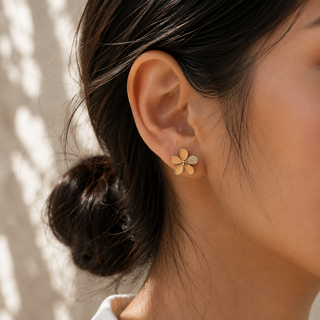 Gold-Plated Peach Floral Stud Earrings