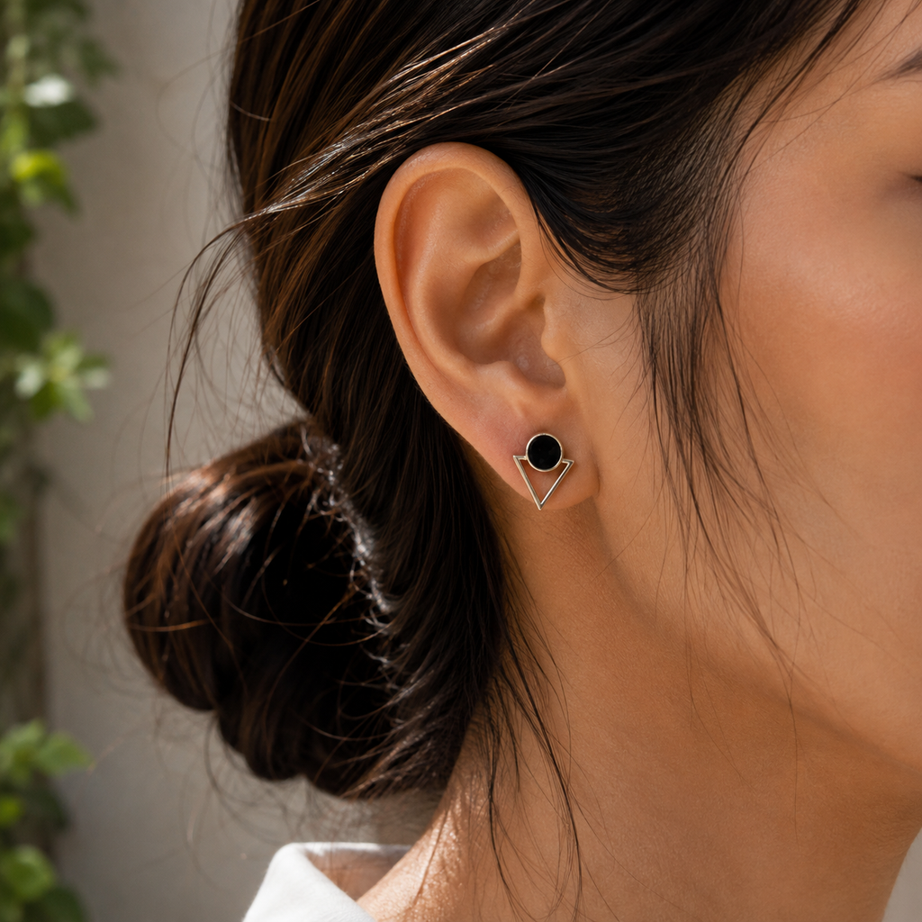 Gold-Plated Black Geometric Triangle Stud Earrings