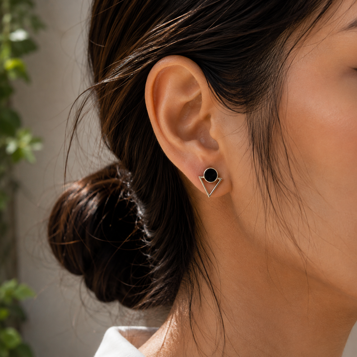 Gold-Plated Black Geometric Triangle Stud Earrings