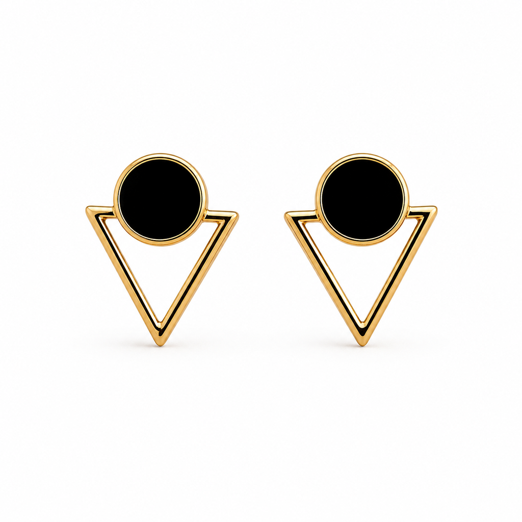 Gold-Plated Black Geometric Triangle Stud Earrings