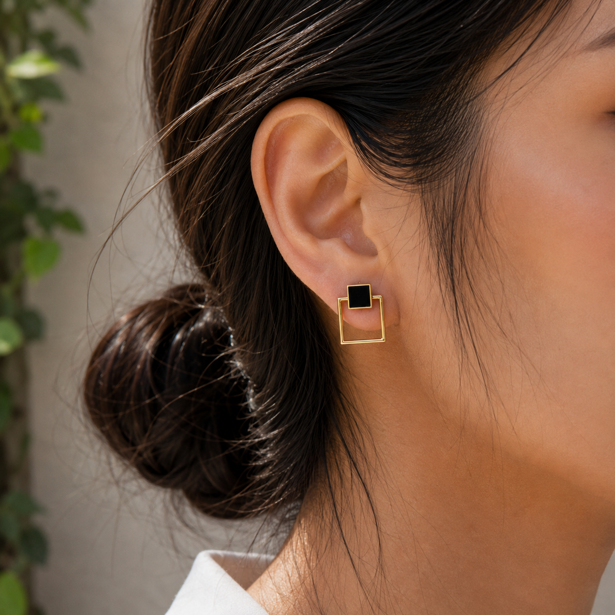 Gold-Plated Black Square Geometric Earrings