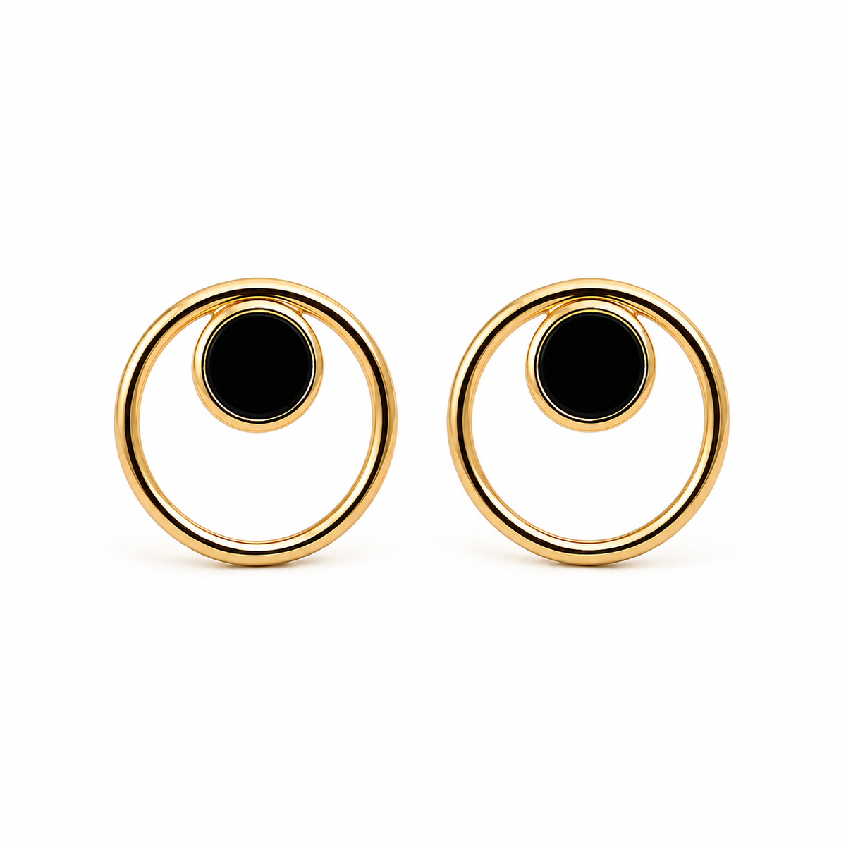 Gold-Plated Black Circle Stud Earrings