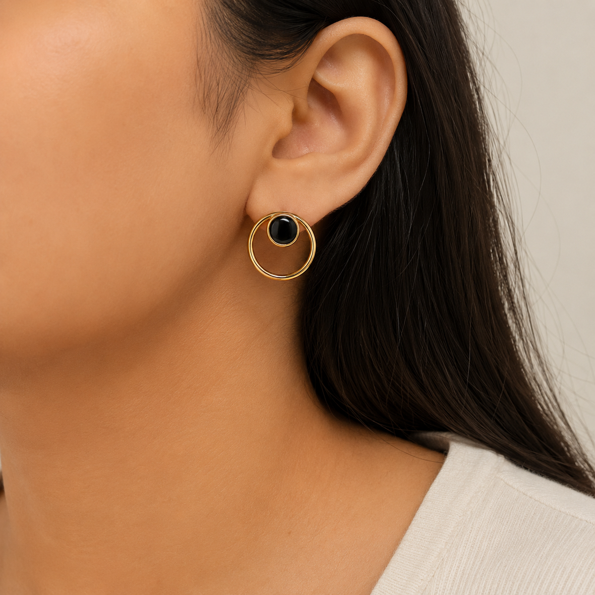 Gold-Plated Black Circle Stud Earrings