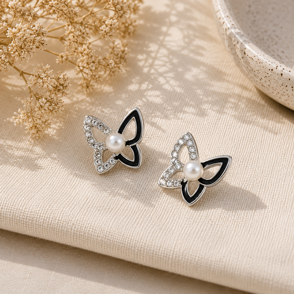 Silver Butterfly Stud Earrings with Crystal Detailing