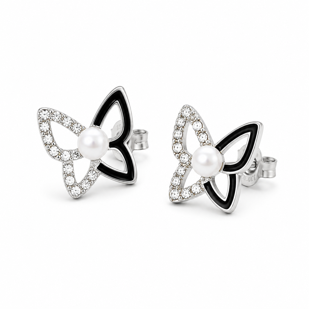 Silver Butterfly Stud Earrings with Crystal Detailing