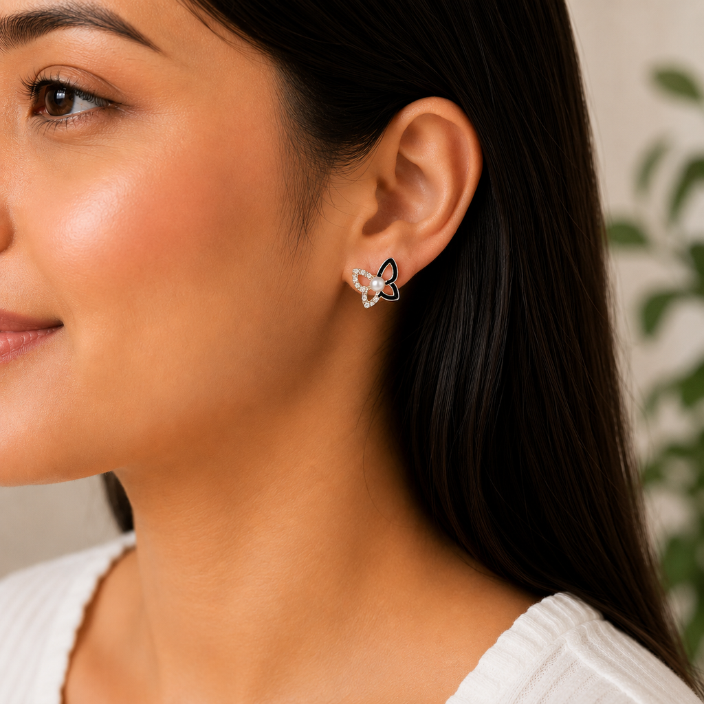 Silver Butterfly Stud Earrings with Crystal Detailing