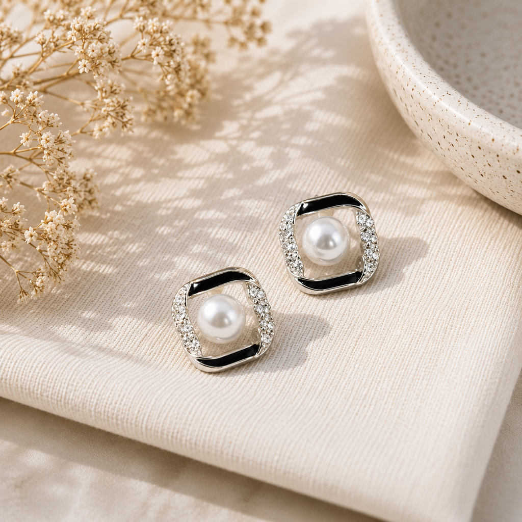 Silver Square Pearl Stud Earrings for Women