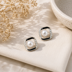 Silver Square Pearl Stud Earrings for Women