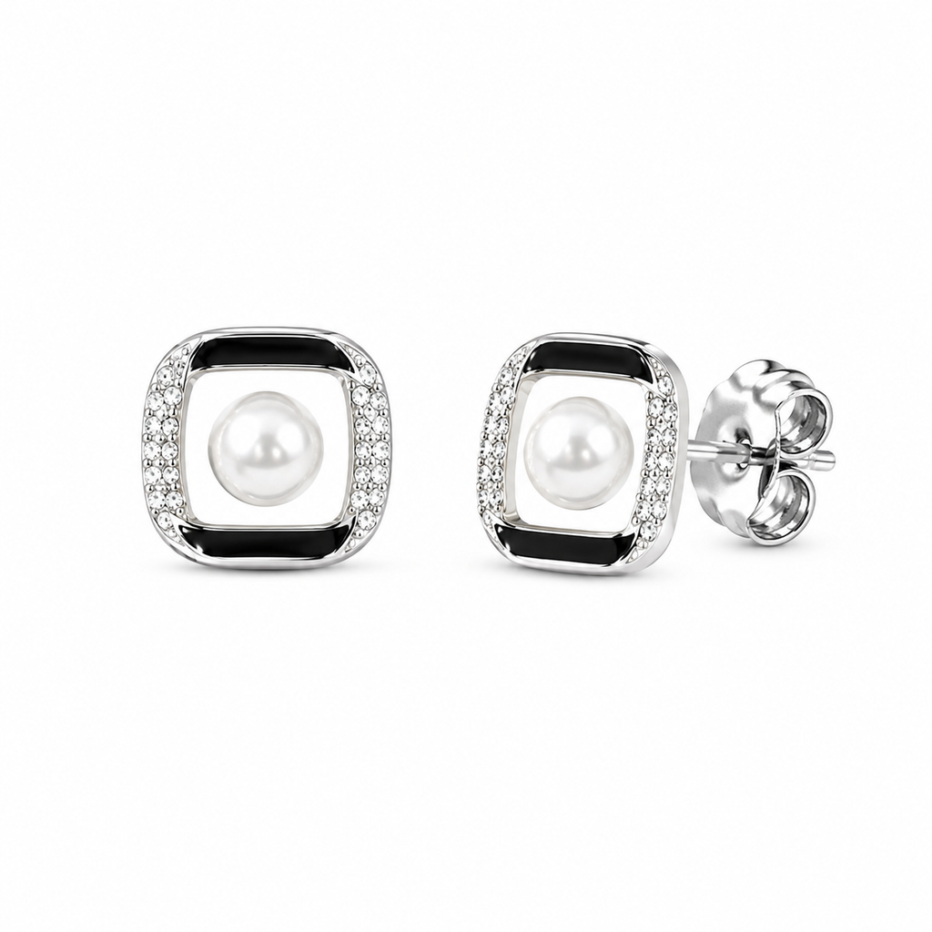 Silver Square Pearl Stud Earrings for Women
