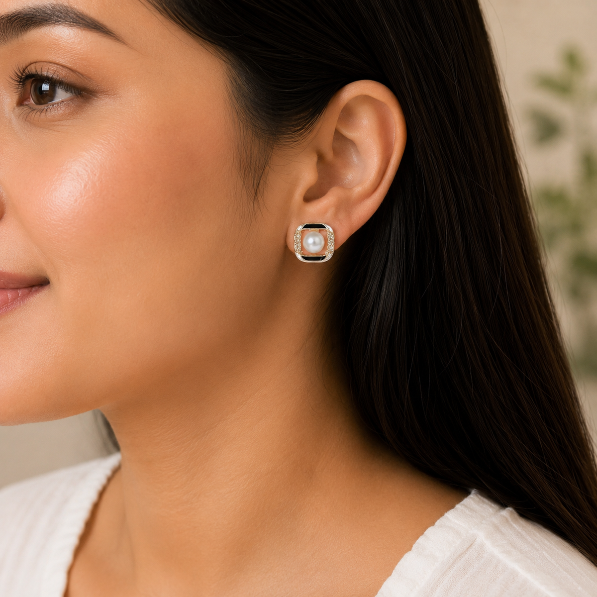 Silver Square Pearl Stud Earrings for Women