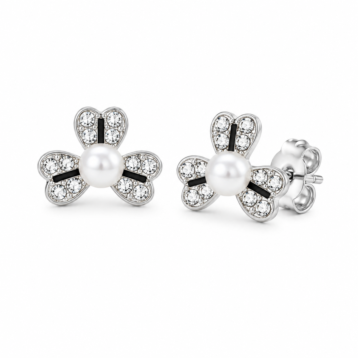 Silver Floral Pearl Stud Earrings for Women