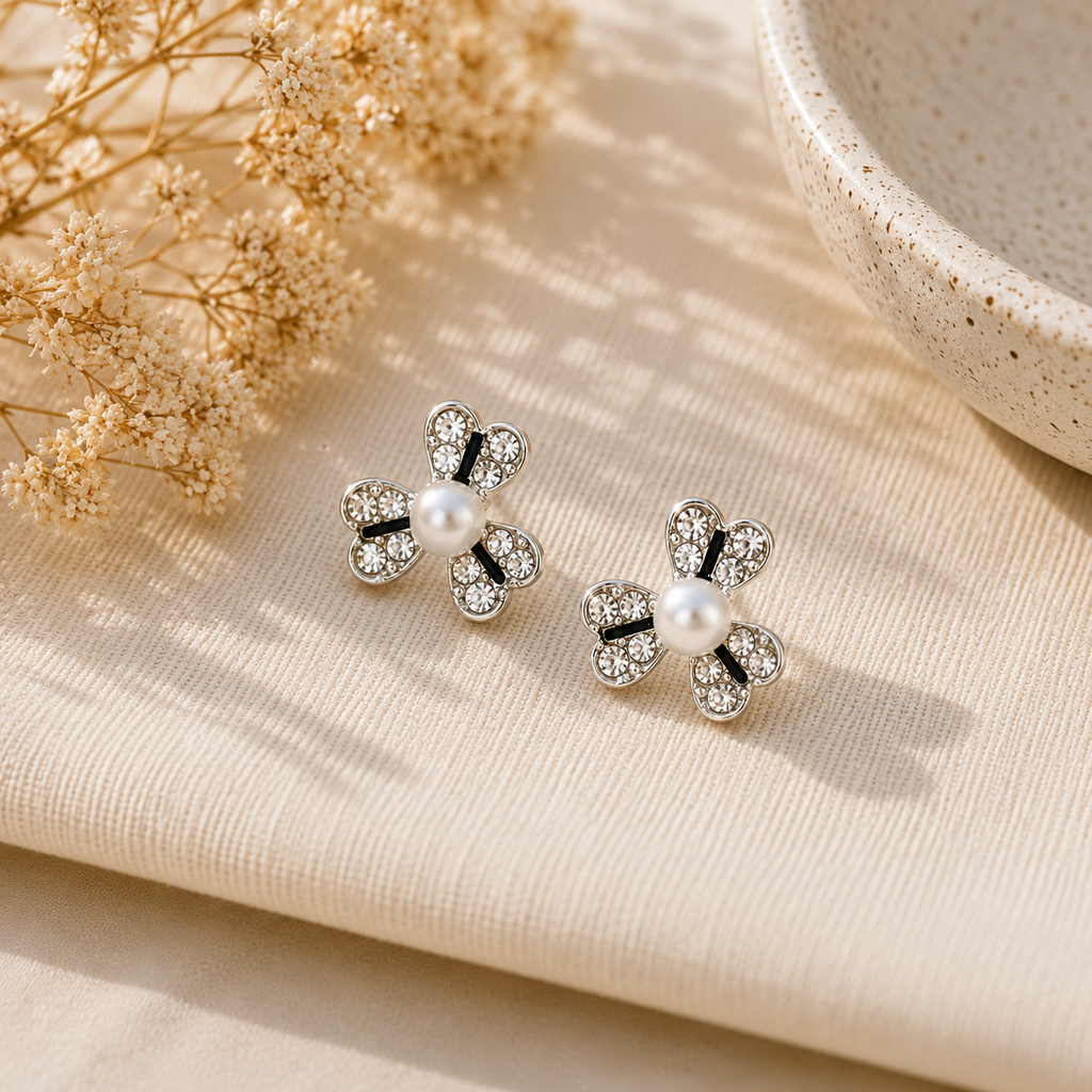 Silver Floral Pearl Stud Earrings for Women