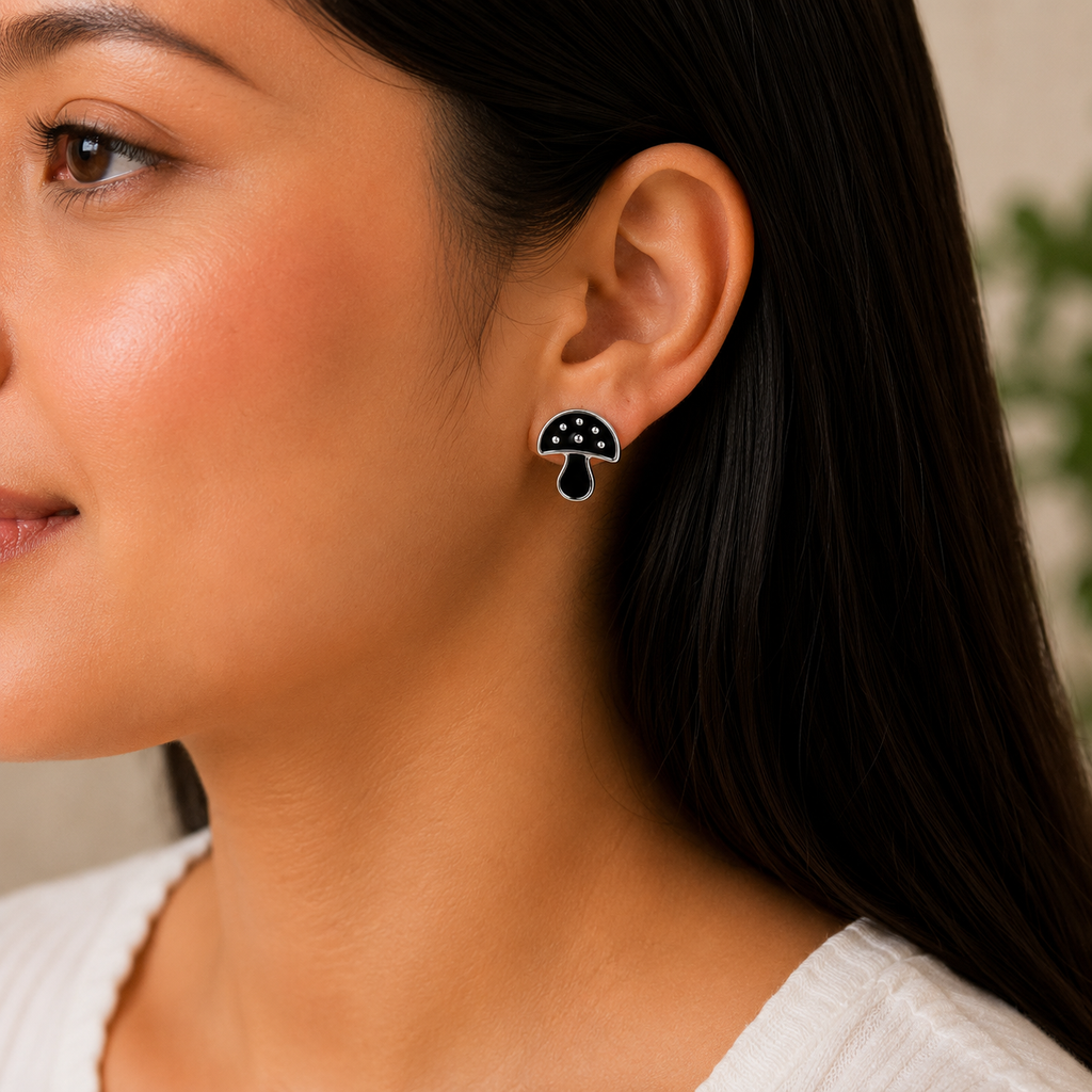 Black Mushroom Stud Earrings with Silver Detailing